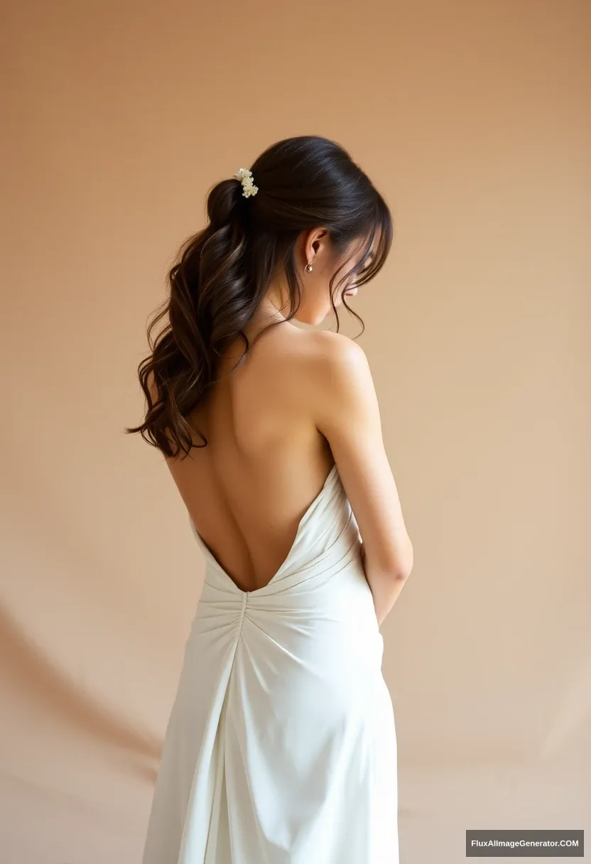 A short young woman, sensitive, delicate, ashamed, wearing a backless, strapless, side-less, low-waisted, open-back, loose, deep contouring wedding dress, in front of patriarchy and expectations.