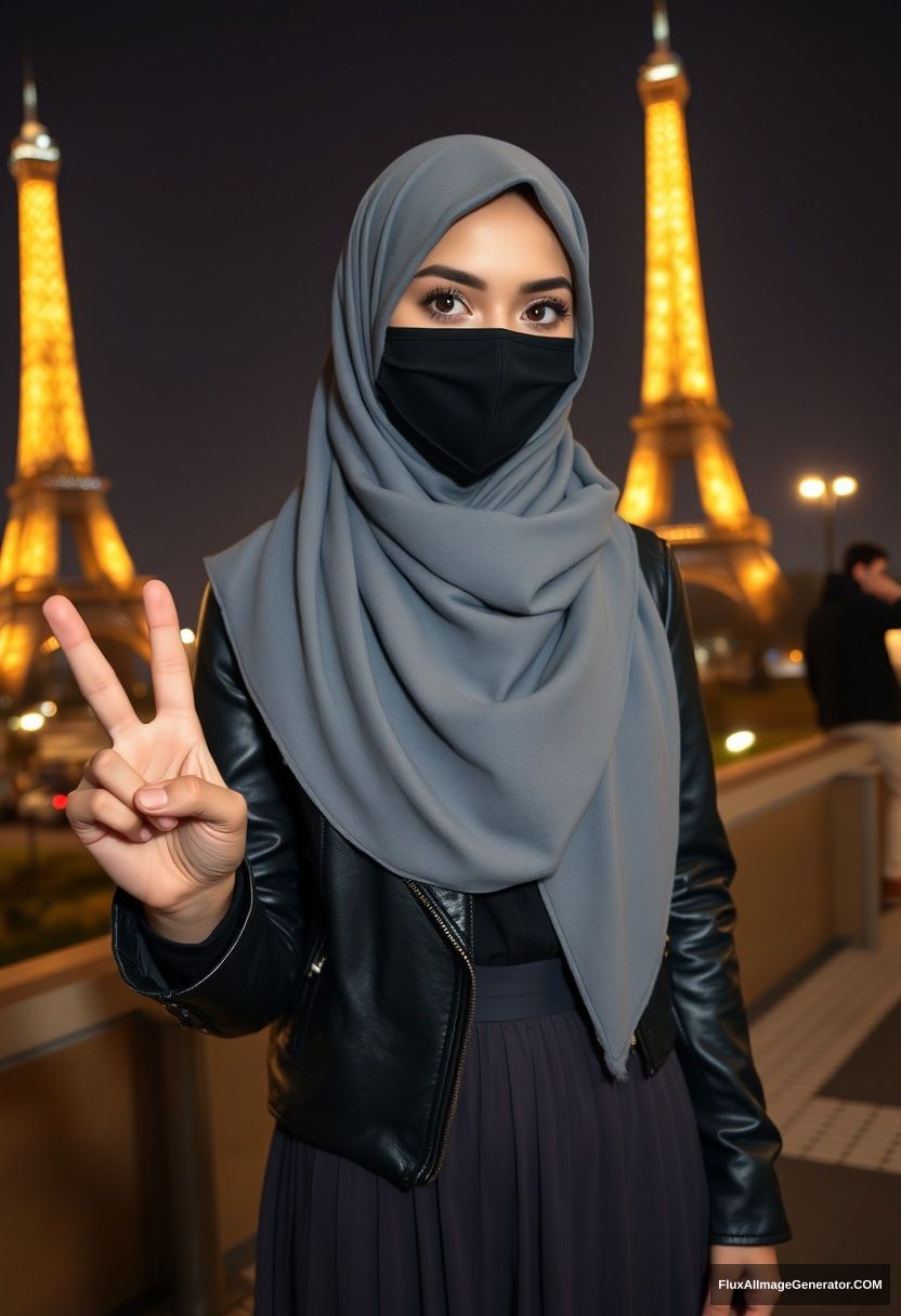 Biggest grey hijab Muslim girl, beautiful eyes, face mask black, leather jacket, biggest longest skirt, standing near Eiffel Tower, night scenery, hyper-realistic, photorealistic, selfie photos, peace hand. - Image