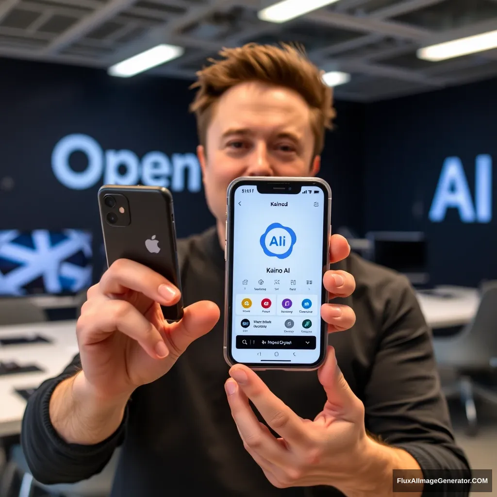 Elon Musk holds a phone and the phone screen shows the KainoAI app, with the background at the OpenAI office.