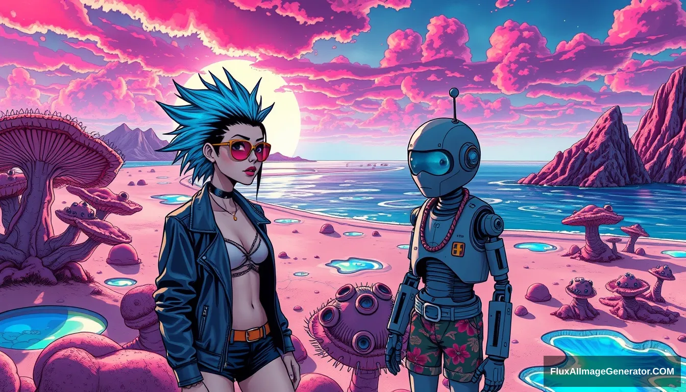 A vivid, high-contrast scene features a punk girl with electric blue spiky hair and a leather jacket, beside a charming retro-futuristic robot in Hawaiian shorts, on a surreal alien beach adorned with iridescent fungi and shimmering lakes, all beneath a vibrant, dreamlike sky, rendered in the intricate style of Moebius with ray tracing effects. - Image