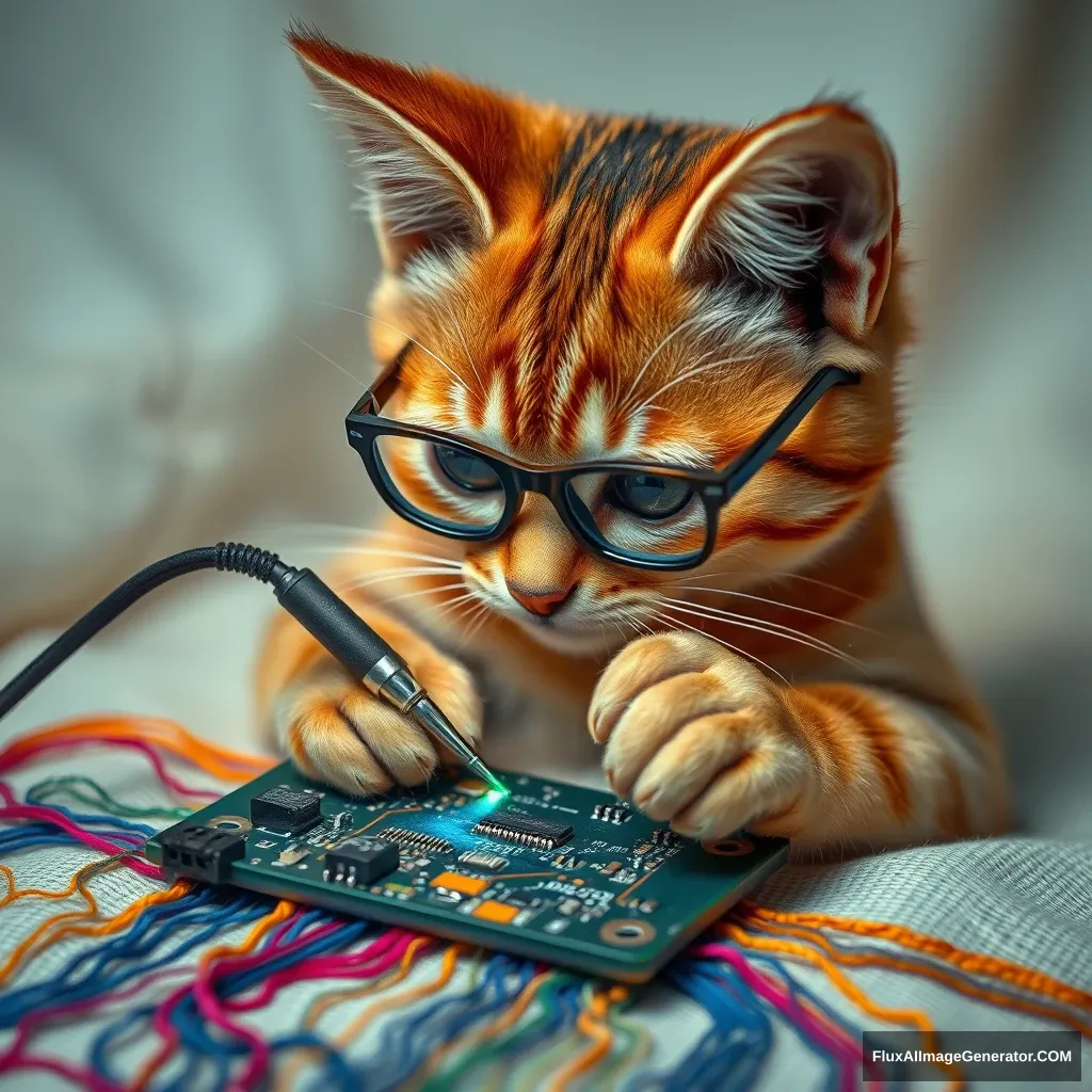 A mischievous tabby cat, wearing tiny spectacles, meticulously solders a circuit board with a miniature iron. Vibrant threads weave intricate patterns, mimicking electronic pathways. Soft fabric backdrop, warm lighting. Delicate French knots form components. Style: Hyper-realistic embroidery art, blending traditional craftsmanship with modern technology. - Image