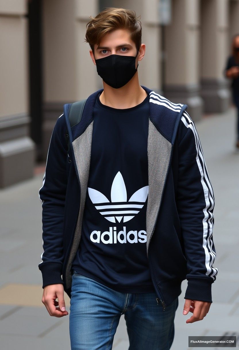 Jamie Dornan, youngest, blue eyes, black face mask, dark blue Adidas T-shirt, sweater jacket, jeans, black sneakers, fit body, photorealistic, street photography. - Image