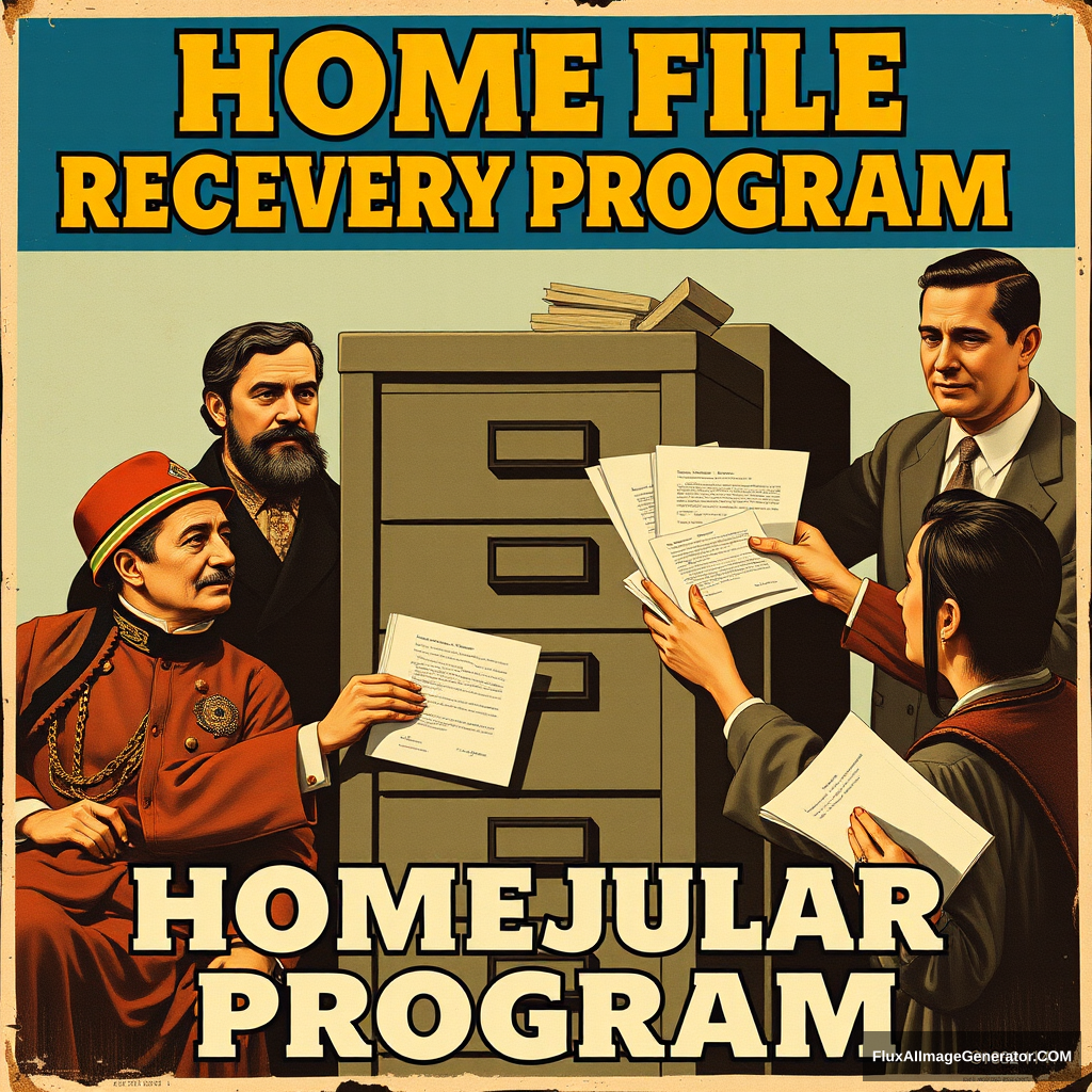 Make a propaganda poster for a program called: Home File Recovery Program. The poster should show historical figures from Guanajuato and other citizens depositing documents in a filing cabinet. - Image