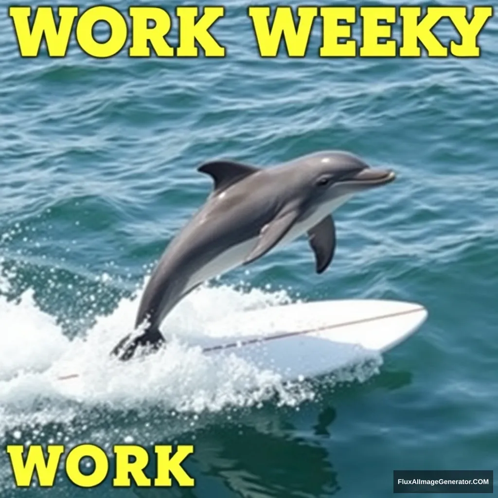 "A dolphin on a surfboard is swimming through the waves of the work week."