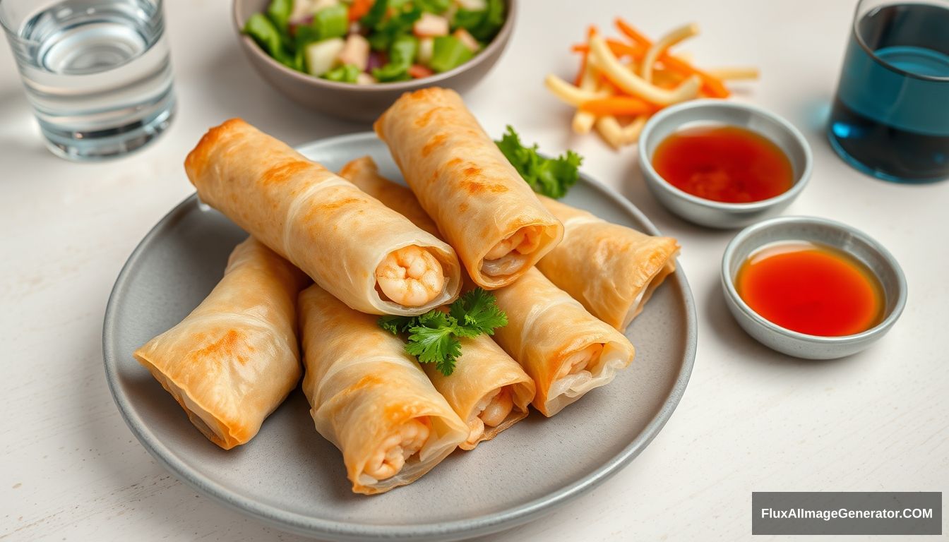 A highly detailed and sharp image of seafood spring rolls, plated on a grey plate. The spring rolls are golden brown and crispy, with some cut open to reveal the shrimp and vegetable filling inside. The plate is garnished with a small side of fresh salad greens. In the background, there is a bowl of mixed salad and a small dish of dipping sauce, along with a glass of water. The setting is on a light-colored textured surface, creating a clean and appetizing presentation.