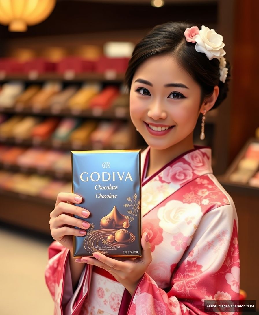 Godiva chocolate, Asian girl in a kimono is holding it. - Image