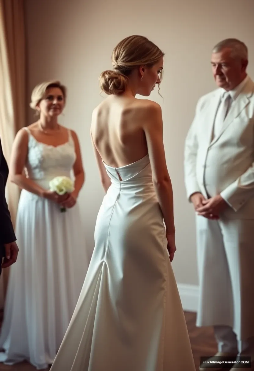 A short young woman, sensitive and delicate, wearing a backless, strapless, side-less, low-waisted contouring wedding dress with a loose front and an open rear. Mingling submissively with fathers. Expectations. Perfect posture. Pale skin.