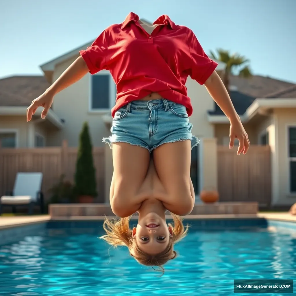 Front view of a young blonde skinny woman with a good tan in her early twenties is in her large backyard, wearing an oversized red polo shirt that is slightly off balance on one shoulder. The bottom of her shirt is untucked, and she is wearing M-sized light blue denim shorts with no shoes or socks. She jumps into the pool upside down. - Image