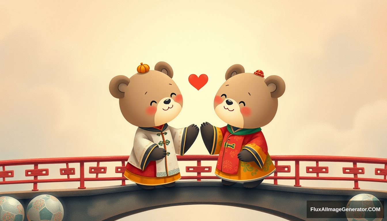 love, traditional Chinese clothing, cute small joyful male bear and female bear meeting on a bridge, clouds, traditional Chinese mythological colors, by joey moya, cute, in the style of minimalistic drawings, ultrafine detail, light, bright, creative commons attribution, painted illustrations, serene faces.