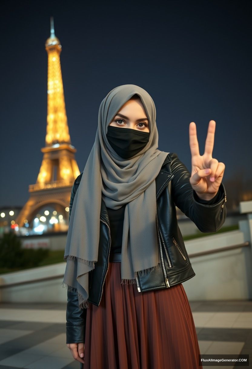 Biggest grey hijab Muslim girl, beautiful eyes, black face mask, leather jacket, biggest longest skirt, standing near the Eiffel Tower, night scenery, hyper realistic, photorealistic, selfie photos, peace hand. - Image