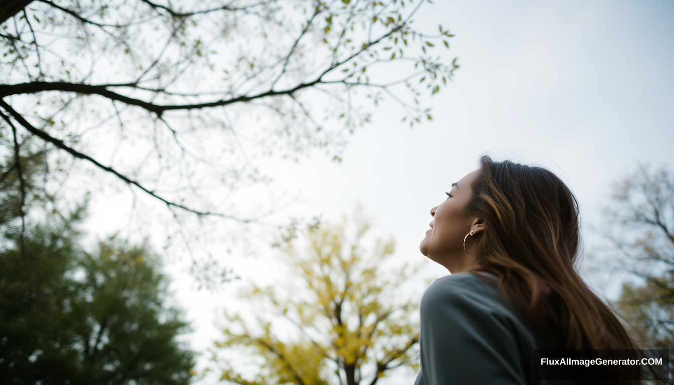 Low angle wide shot. A woman is looking at the tree.