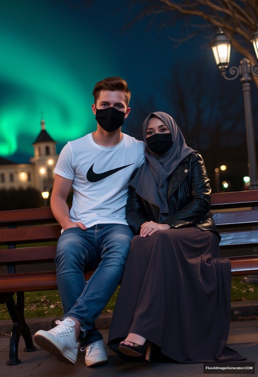 Jamie Dornan, tall, young, black face mask, white Nike t-shirt, jeans,

dating, romantic with a grey hijab Muslim girl, beautiful eyes, black face mask, leather jacket, very long and big skirt, not a tall girl,

sitting together on a park bench in town, photorealistic, street photography, selfie photos, night scenery, aurora borealis.