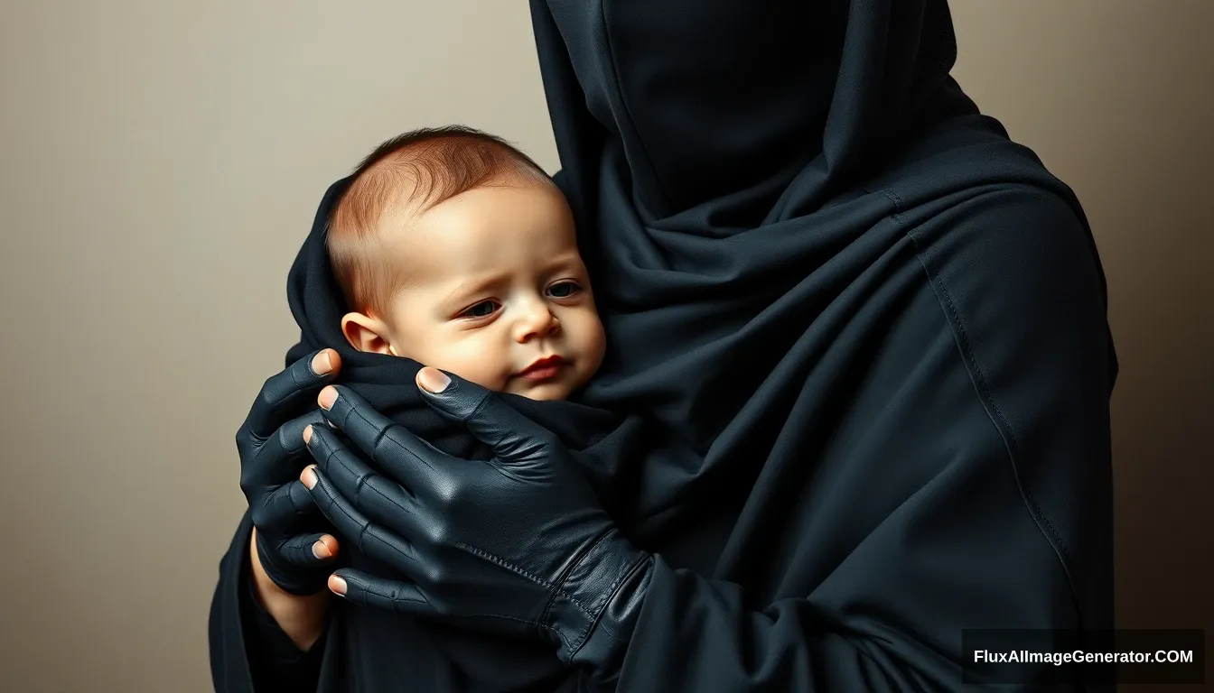 A pious woman is holding a baby boy, her palms covered in black cloth, wearing a long niqab, her neck covered by a perfect hijab, full shot, oil painting.