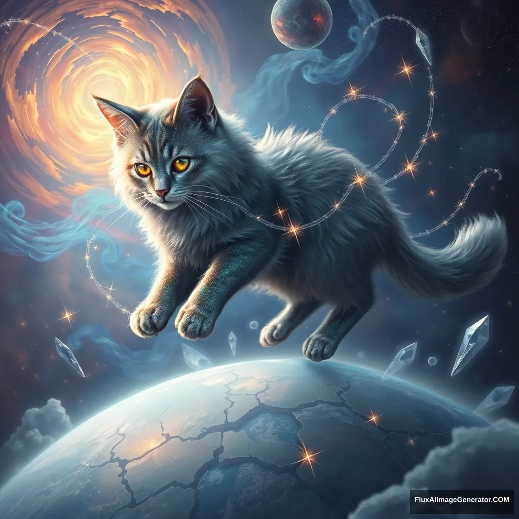 A majestic, celestial feline with iridescent fur and glowing eyes hovers above a cracked Earth, weaving starlight threads to mend the planet. Surrounded by swirling nebulae and floating crystals, the cosmic cat radiates hope and magic in a fantastical, ethereal atmosphere. - Image