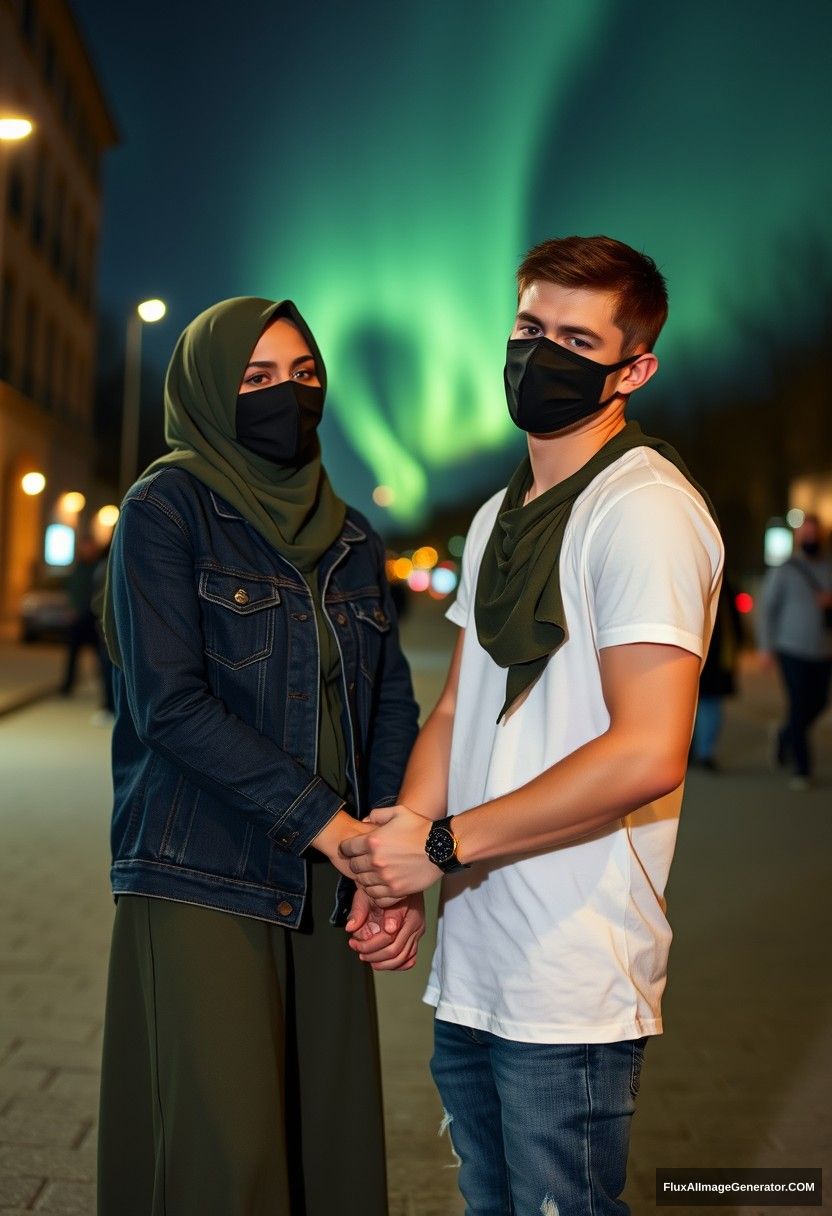 Jamie Dornan, handsome, black face mask, white T-shirt, jeans, sneakers, dating romantically with an army green hijab-wearing Muslim girl, beautiful eyes, black face mask, denim jacket, longest skirt, not a tall girl, holding hands, photorealistic, street photography, full photography, selfie photos, night scenery, aurora.