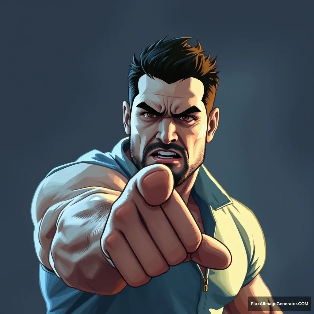 Cel shaded art, a strong man is trying to grab something, portrait, hand. - Image