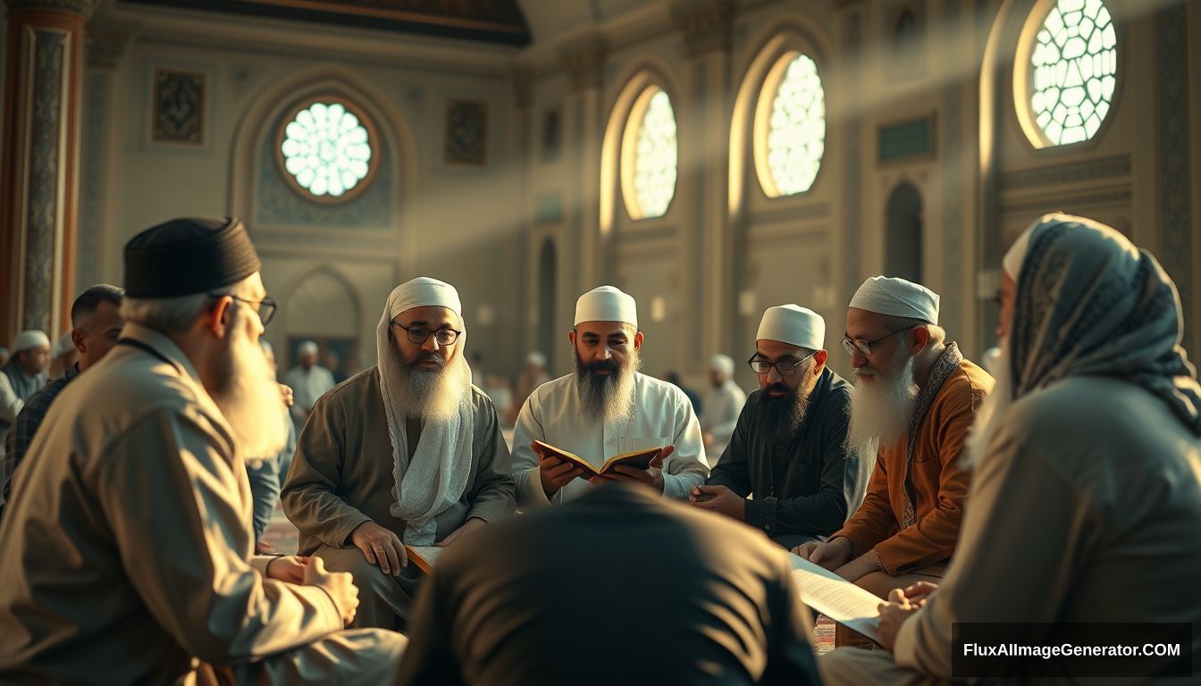 A group of Muslims earnestly discussing in a calm and scholarly environment. Ultra HD, realistic, educational, with warm and cinematic lighting.