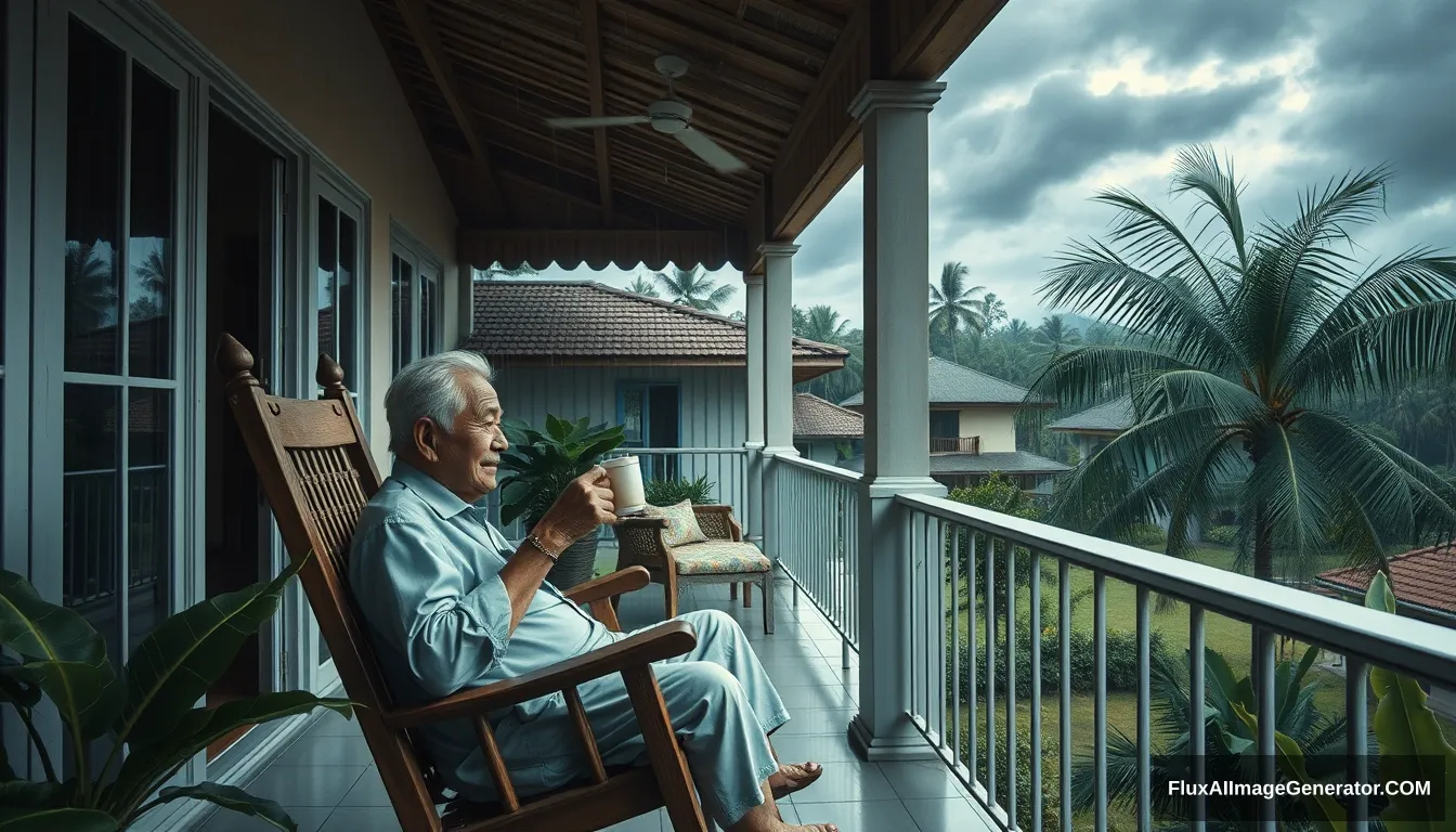 The style of Hirohiko Araki Kubrick, image of a 60-year-old Thai grandfather, handsome and good-looking, sitting on a rocking chair, sipping hot coffee, relaxing on the balcony of a house in Chonburi, enjoying the morning atmosphere with dark blue clouds, cool wind in front of the house, with a garden, banana trees, coconut trees, heavy rain atmosphere, oil painting, sharp 3D, 40k, pastel color. - Image