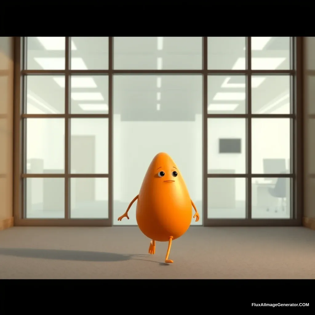 A simple, 3D Pixar-style character with a smooth, round inverted triangle body shape, colored in bright orange. The character has a broad upper body tapering to a narrow bottom, with eyes, nose, and mouth all within the inverted triangle body. The character is walking into an office building. The character’s body is an inverted triangle shape, wide at the top and narrowing towards the bottom. - Image