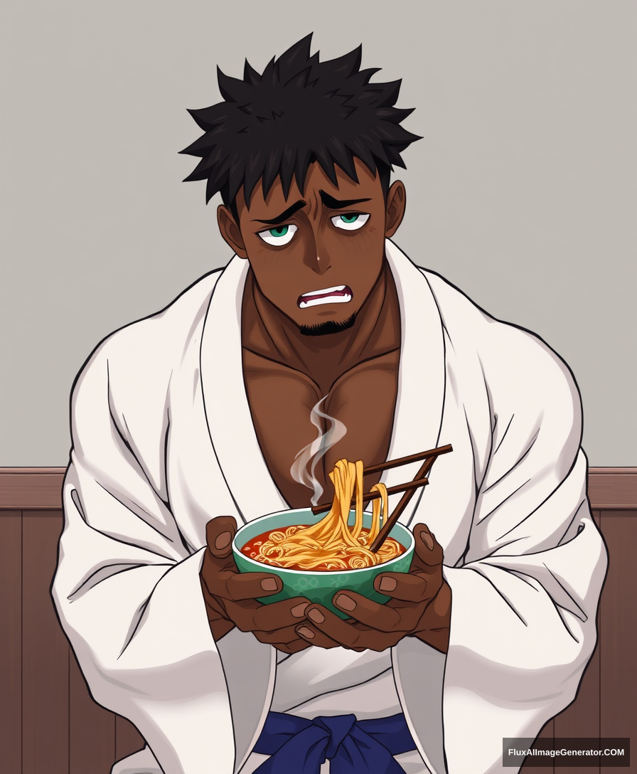 A muscular Black man in a kimono is crying while eating ramen. - Image