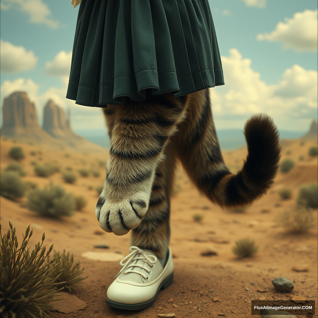 (surrealist photography of an anthropomorphic cat, cat paw, dressed in a pleated skirt with a blouse tucked in and Mary Jane shoes), (strange landscape), detailed