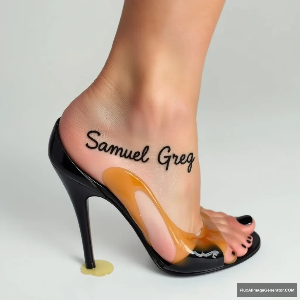 The name "Samuel Greg" on a woman's foot in a black high heel. There is oil all over the foot. - Image