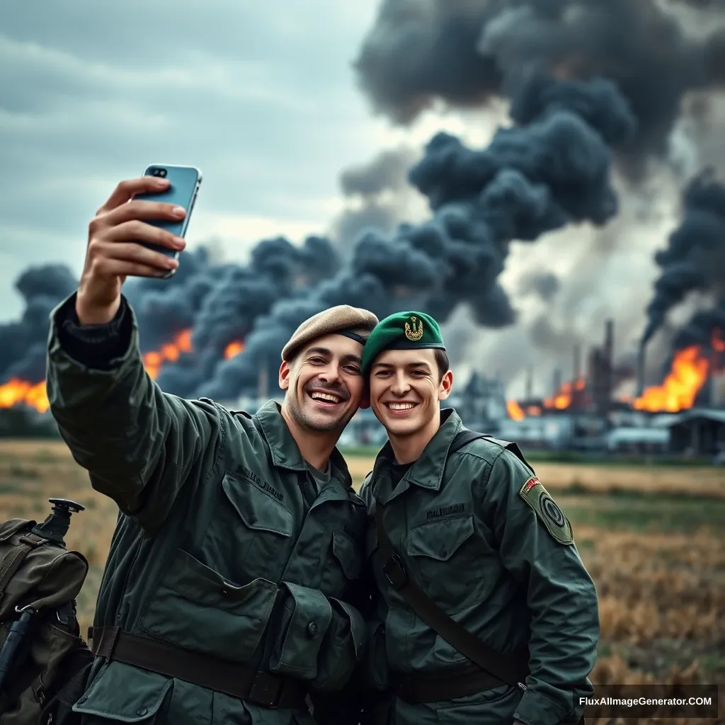 Create an image of two smiling soldiers in military uniform taking a selfie with a smartphone. Behind them, a large industrial complex is engulfed in flames and thick black smoke rises into the sky. The soldiers are wearing green camouflage uniforms and one has a green beret. The setting is an open field near the industrial site, with a sense of tension yet camaraderie between the soldiers.