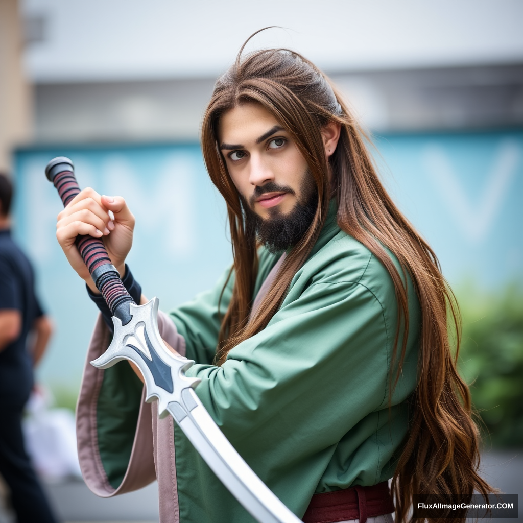 Full picture of a long brown-haired and short-bearded guy cosplaying as Rimuru, posing with his weapon.