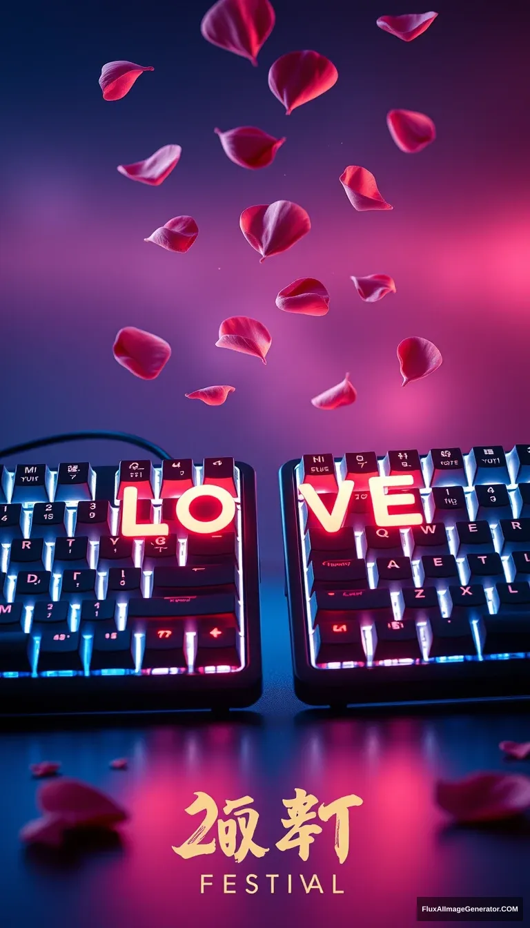 Create a romantic esports-themed poster for the Qixi Festival, where a pair of glowing gaming keyboards are placed side by side, their keys softly illuminated. The keys spell out 'LOVE' in a playful manner, and digital rose petals gently fall from above, creating a serene and intimate atmosphere. The background is a gradient of twilight colors, symbolizing the connection between gaming and romance.