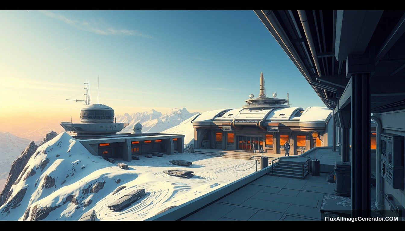 Cel shaded art, wide shot, a sci-fi center on the top of a snow mountain, open air, close look, cyberpunk, military base, Star Wars style, indoor, patio, morning, sunlight, fortress. - Image