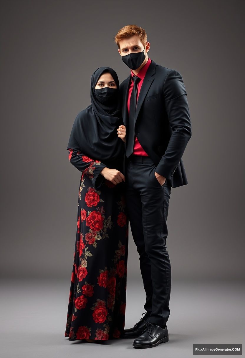 A biggest black hijab girl, beautiful eyes, face mask black, biggest red floral longest dress, not tall, standing, love holding his arm

Jamie Dornan, youngest, black suit coat, red shirt, black tie, black leather sneakers, tall man, face mask black, fit tough body, standing near her, love couple

hyper realistic, studio photography, photorealistic - Image