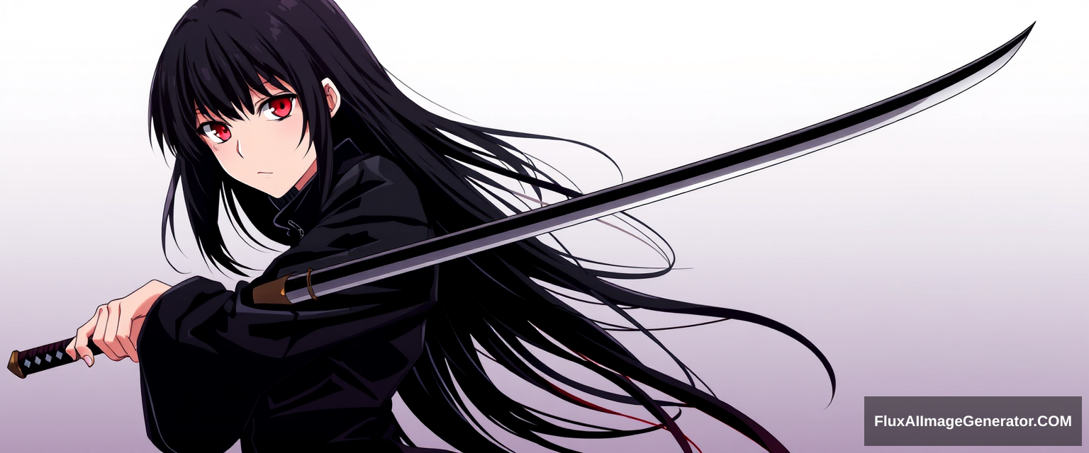 Anime style is important. Seinen style anime. Should look like an assassin with a gradient background. Holding one sharp sword. Black hair, red eyes. And should be a full body drawing. Should include legs. Hold sword straight out. Girl. Single side sword. Correct hand anatomy. - Image