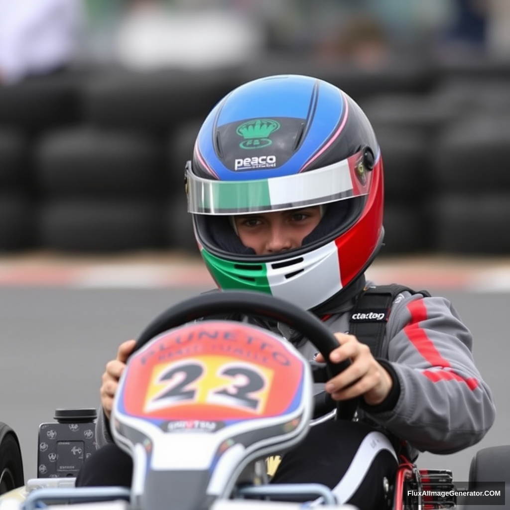 Young Italian driver competing in the go-kart championship in Belgium, wearing a helmet that resembles the Italian flag and a blue, black, grey, and white livery.