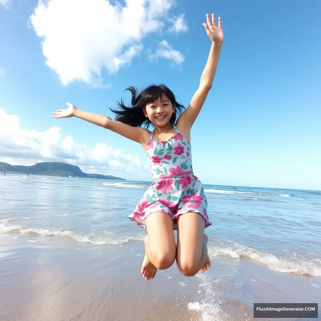 japanese girl beach jump smile