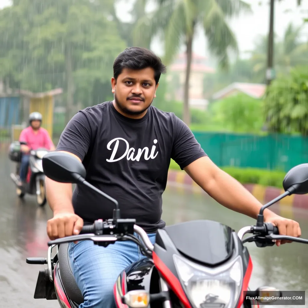 A guy on a motorcycle on a rainy day, his t-shirt has "Dani" on it, he's not going to work because of the rain. - Image