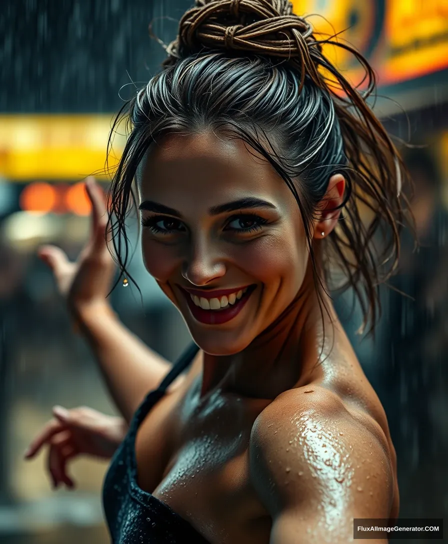 A beautiful lady dancing in heavy rain, her face and body are wet, with messy bun hair, 32k UHD, highly detailed and smiling. Intricate, exquisite details and textures, sharp focus, high resolution, detailed eyes, 8k UHD, Nikon D850, high quality, film grain, hyper-realistic skin (detailed skin: 1.3).