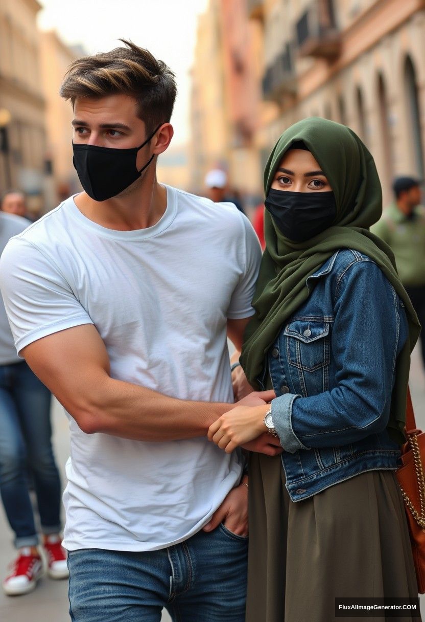 Jamie Dornan, handsome, young, tough body, black face mask, white T-shirt, jeans, red sneakers, dating romantically with a hijab-wearing Muslim girl in army green, beautiful eyes, black face mask, denim jacket, longest skirt, not tall girl, photorealistic, street photography, full photography, selfie photos. - Image