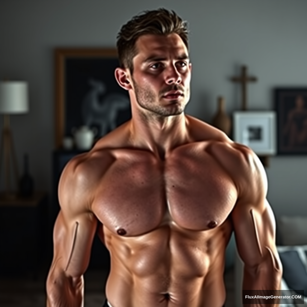 A guy with veiny abs and muscles should use a profile picture that only shows up to his neck, with no face, and make it appear as if he is in a dark room with aesthetic items in the background.