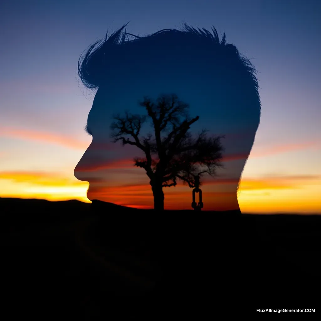 "[Abstract style of dusk, desert, shackles] within the silhouette of a [man]'s head, this is a double exposure photo. Non-representational, colors and shapes, emotional expression, imaginative, very detailed."