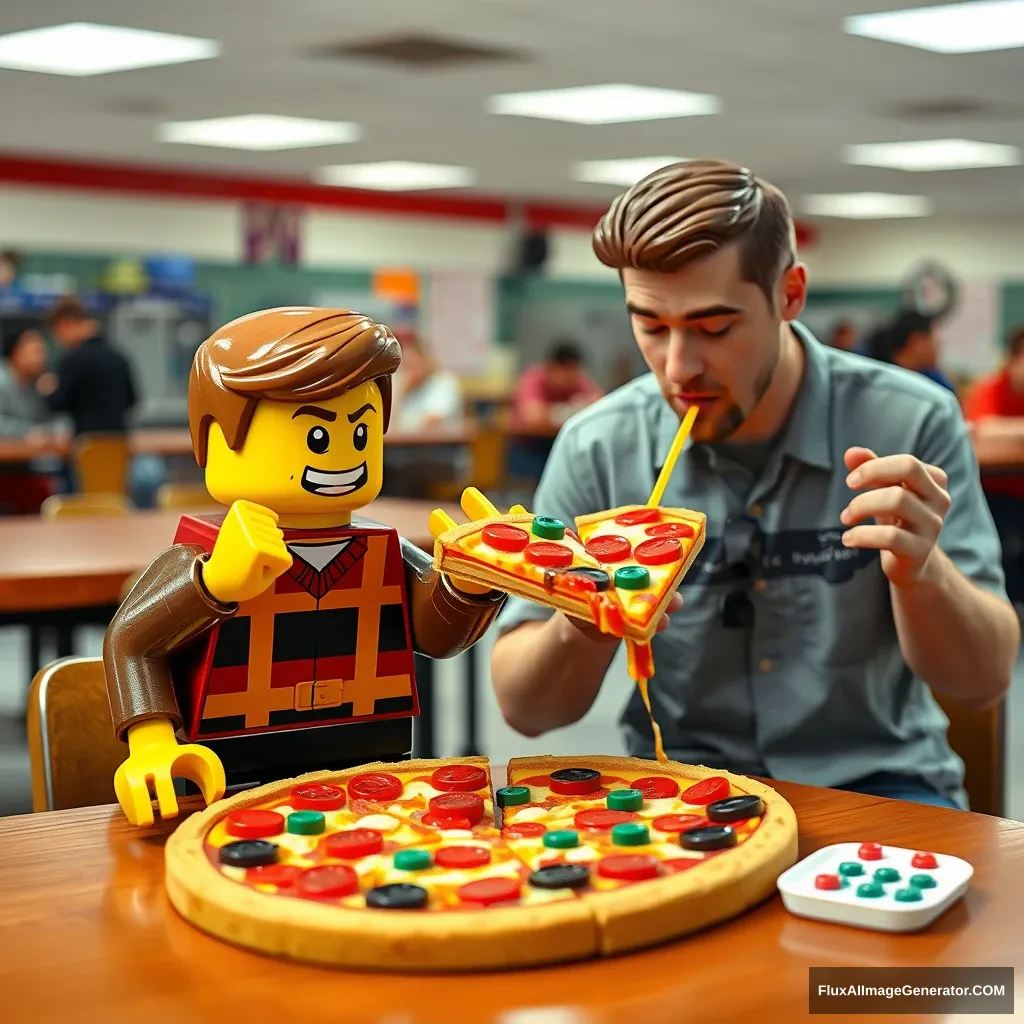 A Lego man eating a real pizza. Sitting at a table beside a real man eating a Lego pizza. In a high school cafeteria.