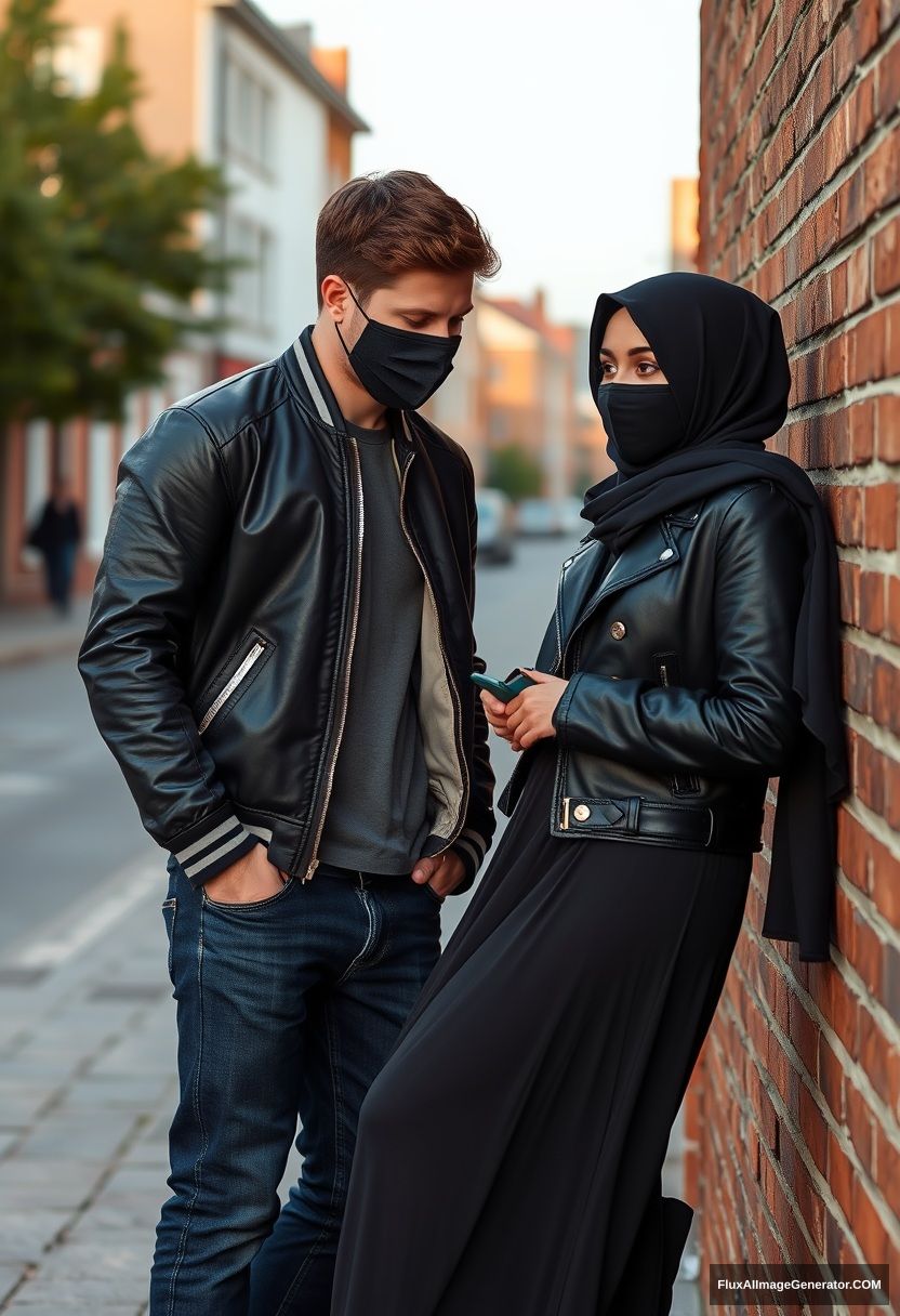 Jamie Dornan, handsome, young, black face mask, collage jacket, jeans, dating a beautiful, romantic Muslim girl in a black hijab, with beautiful eyes, black face mask, black leather jacket, sneakers, wearing the biggest and longest skirt while standing or lying against a brick wall, town, morning scenery, photorealistic, street photography.