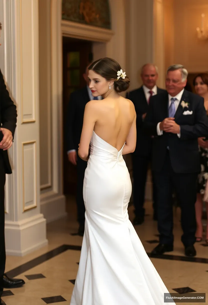 A short young woman, sensitive and delicate, is wearing a backless, strapless, side-less, low-waisted contouring wedding dress with a deep-cleavage loose front. She is fawning obediently, mingling with fathers. There are expectations and perfect posture, along with her pale skin.