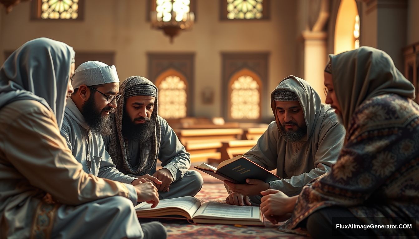 A group of Muslims earnestly studying and discussing the teachings of Prophet Muhammad (peace be upon him), set in a tranquil and scholarly environment. Ultra HD, realistic, with warm and cinematic lighting. - Image