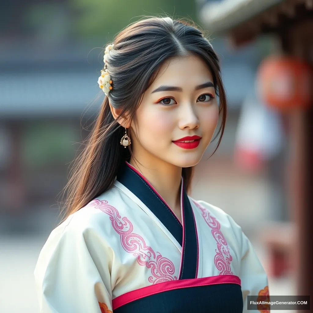 Photo of a beautiful Korean woman in her 20s wearing a hanbok, with a defocused background.