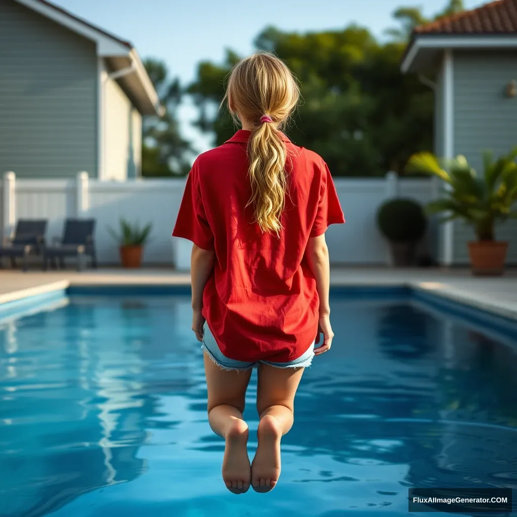 Back view of a young blonde skinny woman who is in her early twenties is in her massive backyard wearing a massively oversized red polo t shirt which is a bit off balance on one of the shoulders and the bottom part of her t shirt is tucked out and she is also wearing M sized light Blue denim shorts and she is wearing no shoes or socks, she dives into her pool head first.