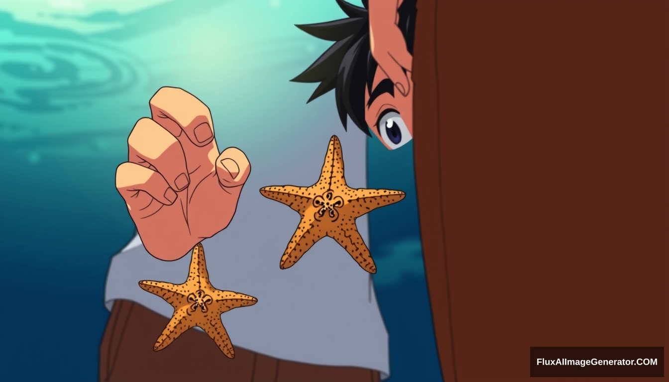 Digital illustration in the style of an animated movie scene, Anime-inspired style, Close-up shot: The boy's face (10 years old, spiky black hair, white t-shirt) as he speaks, animated and earnest with overemphasized expressions. His hand holds up a starfish, drawn with intricate details. The camera slowly pans down to the starfish, then back to the boy's face with a dramatic swish effect. Part of the man's brown pants visible in the frame, texture emphasized with cross-hatching.