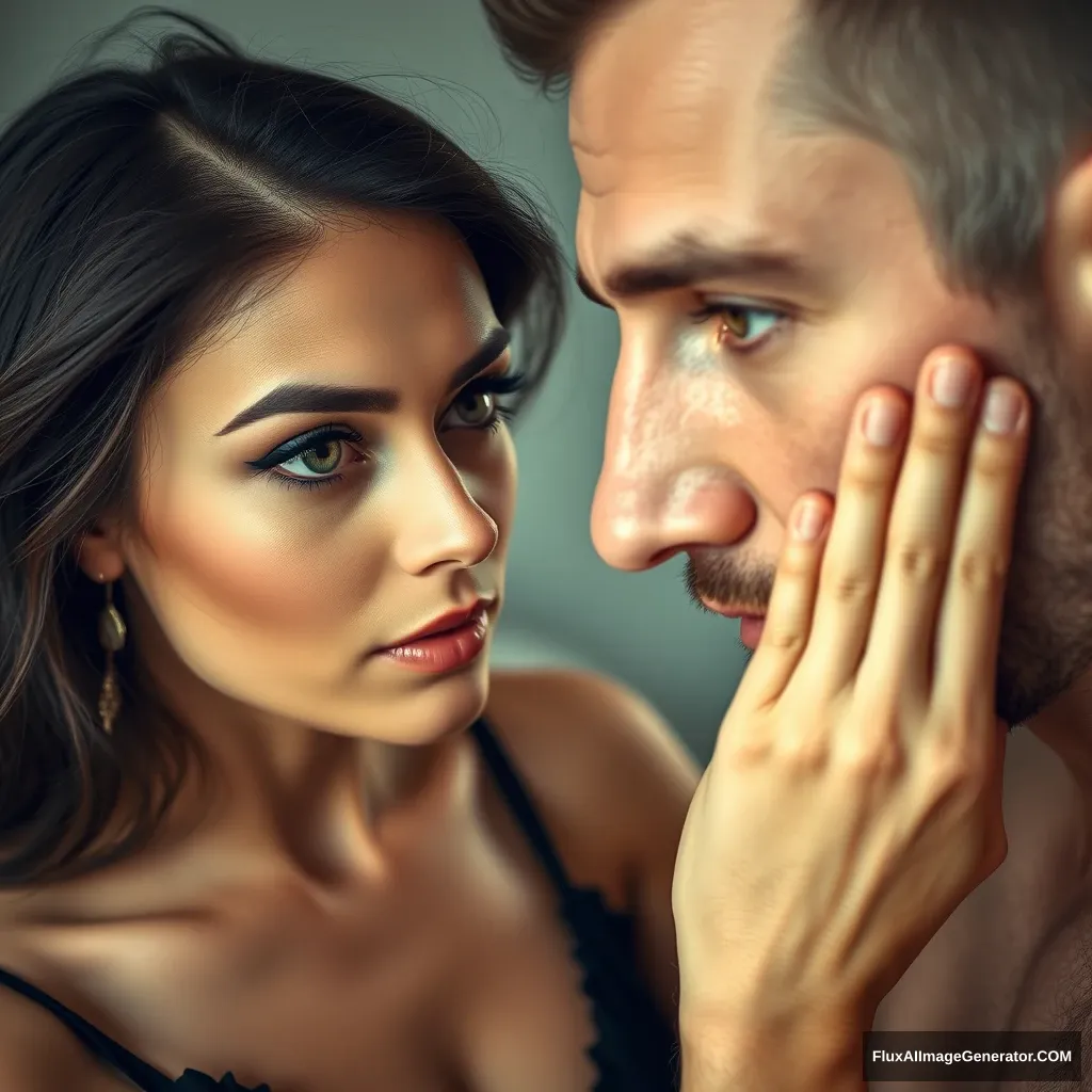 A pretty small delicate and slim lady hypnotizing her much bigger and muscular boyfriend in a session, looking directly into his eyes, her eyes are powerful and hypnotic, he is entranced.