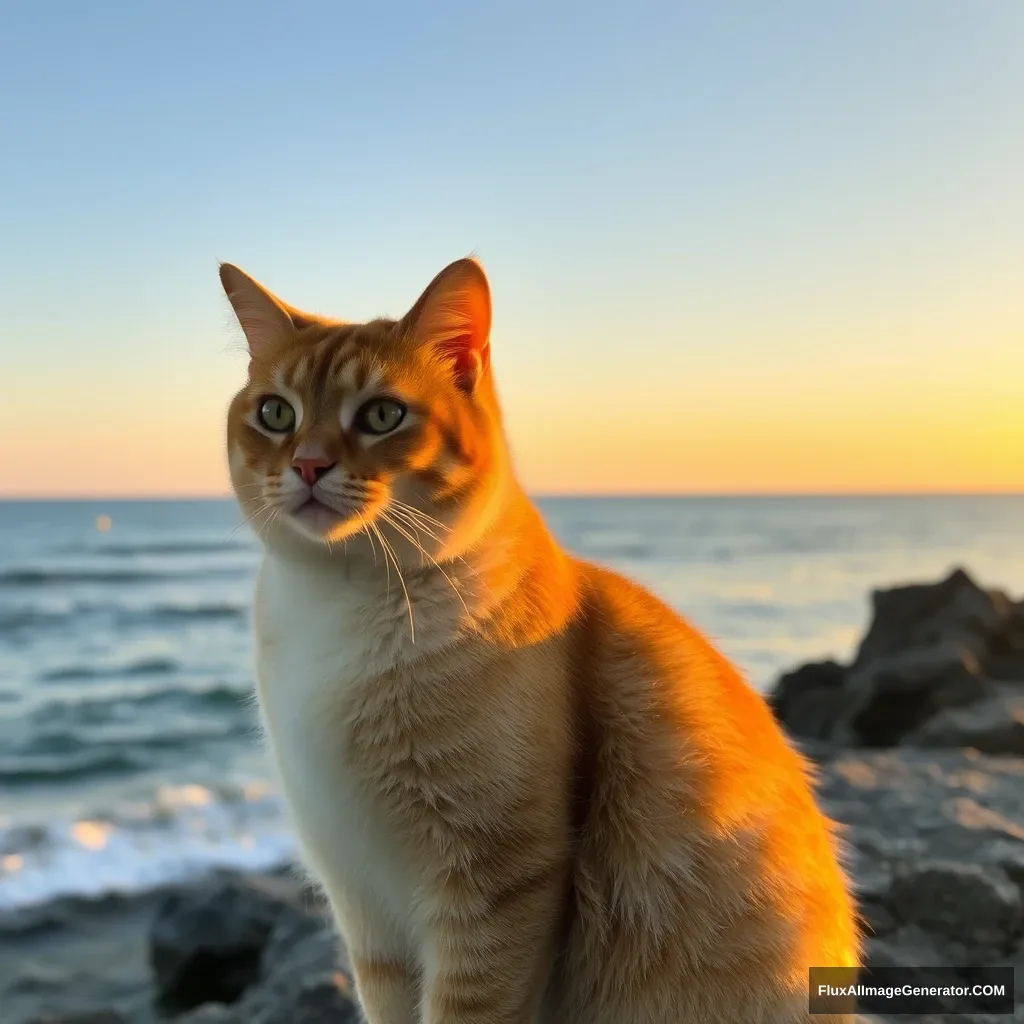 "A golden shaded cat by the seaside at sunrise."