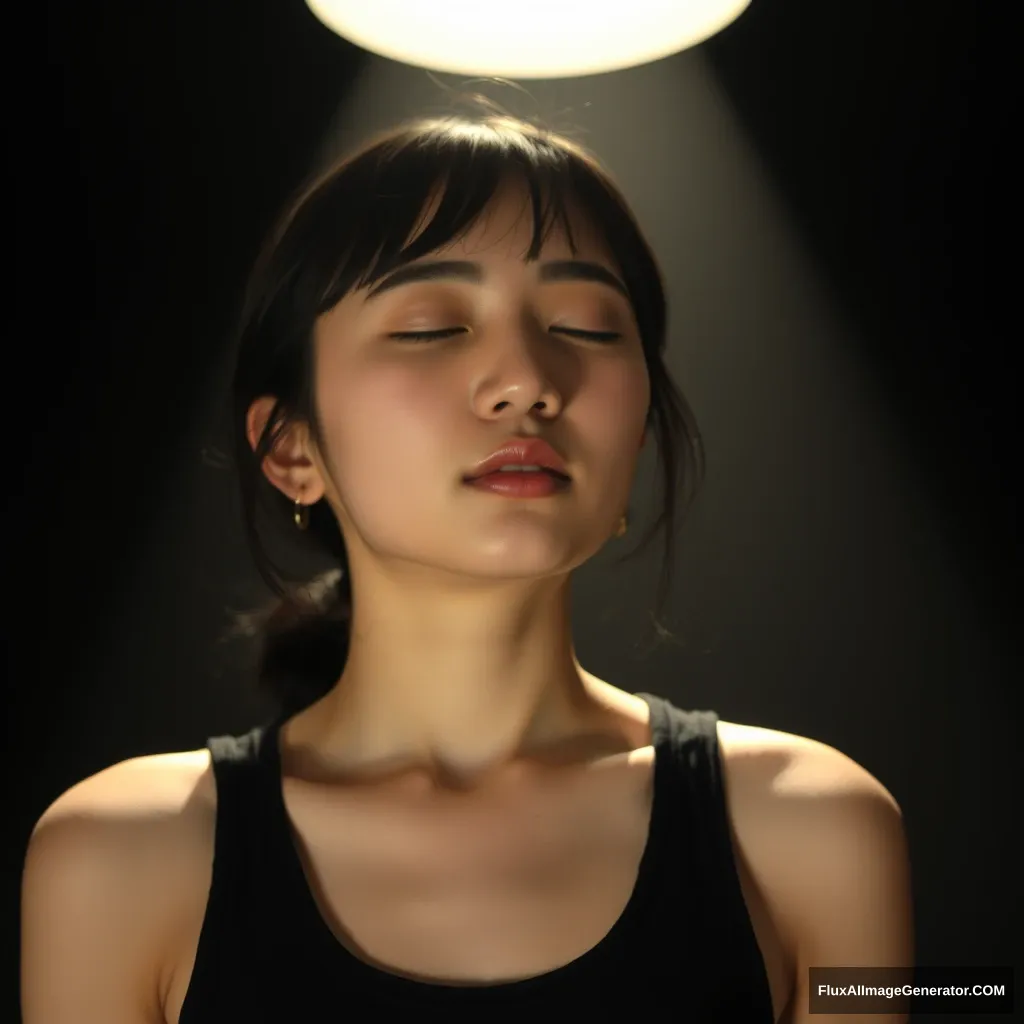 Background: Black background and a beam of light overhead, soft lighting. Light focused on the girl's face, A 21-year-old girl, Asian face The girl was wearing a Tank Top 4k She closed her eyes and pondering love - Image