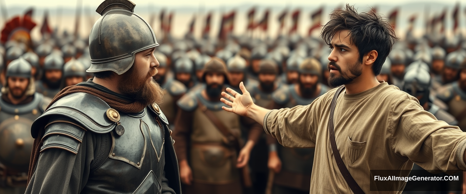 Create an image of two men standing apart and arguing while onlookers crowd around. The man on the left wears a conical helmet with a pointed tip. The man on the right is a young man with his arms stretched out to the sides, looking shocked. He has dark, messy, unkempt hair and a beard, dressed in a simple biblical-era shepherd tunic, and is staring sternly at the left eye of the other man. The other man appears middle-aged, has a Jewish black beard, and is wearing a full suit of biblical-era leather armor along with a conical helmet with a pointed tip. The background features a blurred crowd of soldiers also clad in biblical-era leather armor. Standing on the horizon farther in the background is a blurred front of a large biblical-era army. The overall mood of the image conveys anxiety and concern.